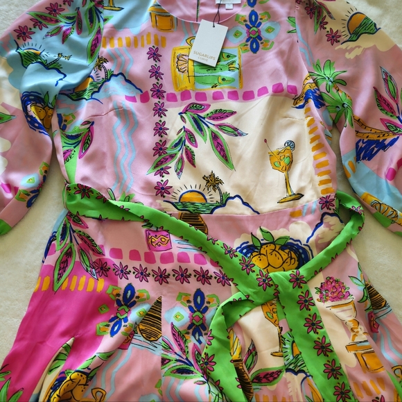 Sugarlips Curve Womens Plus 3/4 Balloon Sleeve Satin Mini Dress: Pink Tropical - Picture 7 of 14